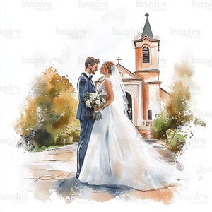 15 imágenes prediseñadas de parejas de novios, ceremonia en la iglesia, imágenes prediseñadas de acuarela imprimibles, archivos JPG de alta calidad, descarga digital, manualidades de papel, diario basura