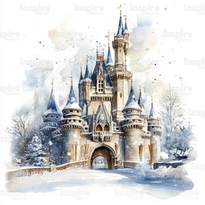 Winter Castle Watercolor Clipart: Printable JPGs (Digital Download)
