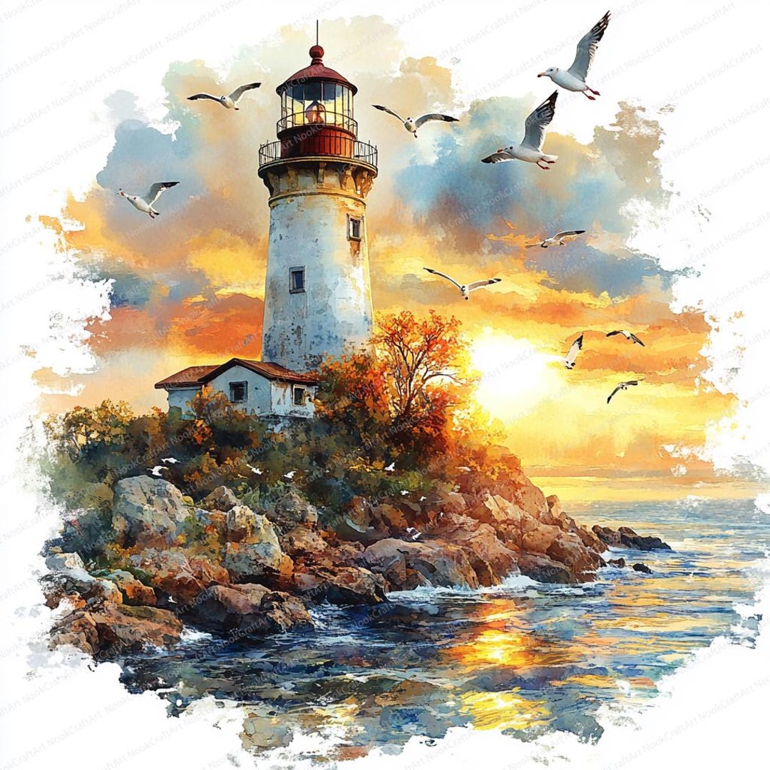 夕焼け灯台の水彩画クリップアート：カモメ、夕焼け空アート（JPG