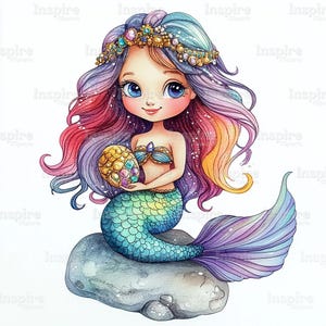 15 Mermaid Clipart Illustrations, Cartoon Mermaid, Printable Watercolor clipart, High Quality JPGs, Digital download, Paper craft