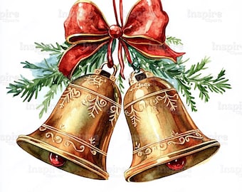 15 Christmas Bell Clipart Designs, Golden Bell Artwork, Jingle Bell, Printable Watercolor, High-Quality JPGs, Papercraft Junk Journal