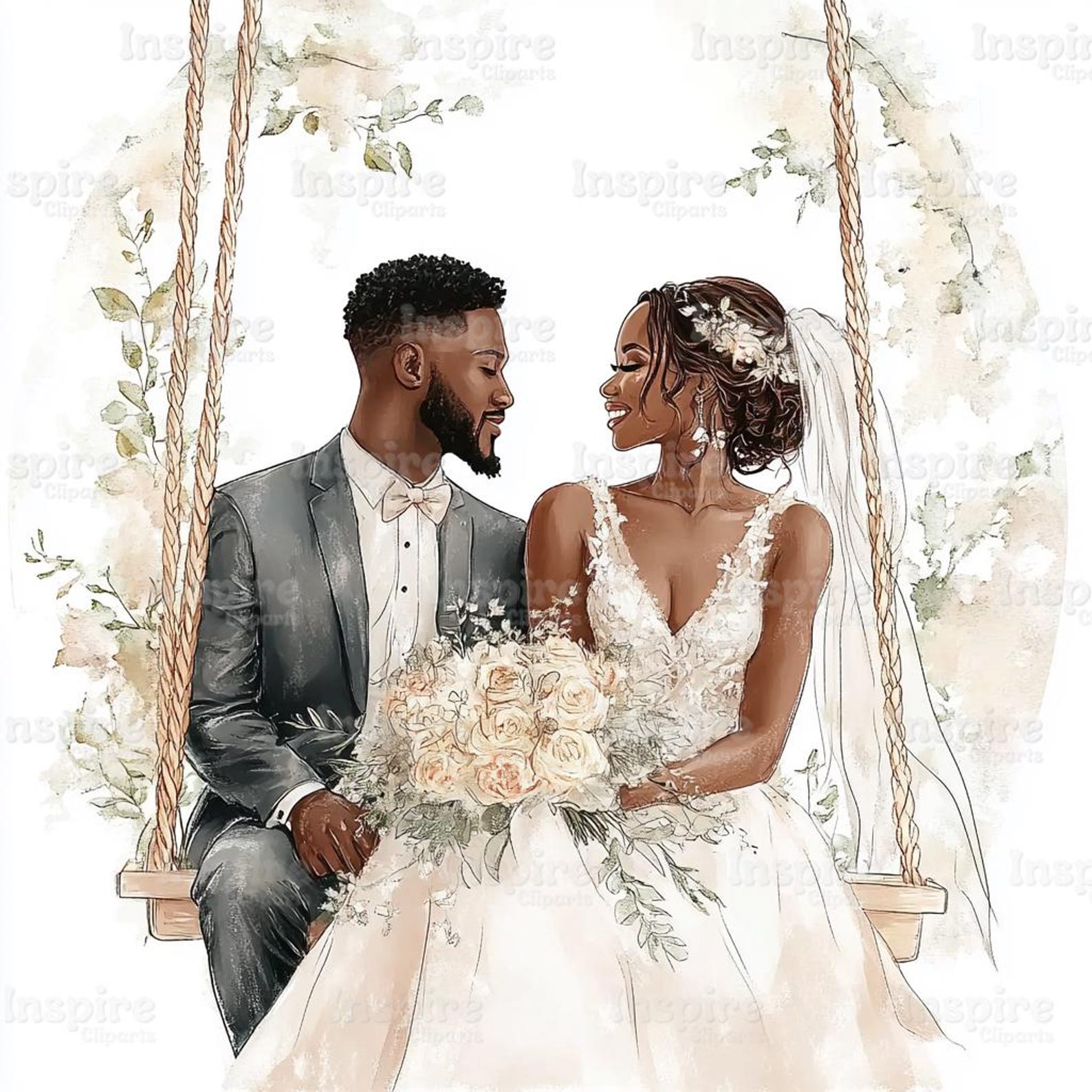 African Wedding Couple Clipart: Watercolor Bride and Groom (jpgs) - Etsy