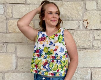 Upcycled Vintage Fruit Tablecloth Cropped Tank, Small to Medium