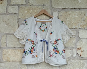 Hand Embroidered Cropped Tie Top, 1X to 2XL