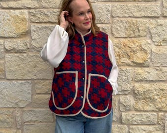 Upcycled Vintage Navy & Red 100% Wool Vest, Silk Trim | Size Extra Large