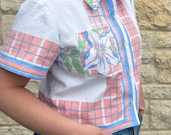Upcycled Vintage Pink Floral Plaid Tablecloth Top, Small/Medium