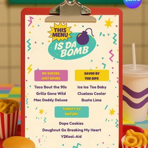 Peut inclure: Un menu sur un presse-papiers rouge avec le texte "MENU" en haut. Le menu présente l'expression "THIS MENU IS DA BOMB" et une liste d'aliments et de boissons. Un burger, des frites et une boisson sont dans l'image.
