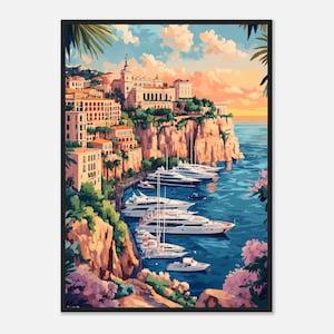 Monaco Reiseposter stilvolle digitale Illustration – Französische Riviera Wandkunst mit Rahmen – Cote d’Azur Print Geschenkidee