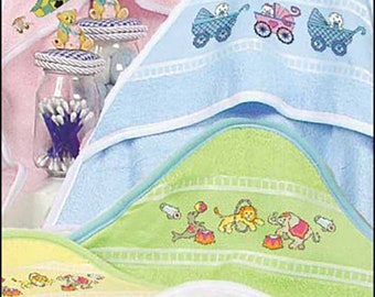 May include: A set of four hooded towels with embroidered designs. The towels are in pink, blue, green, and white. The designs include a circus theme with animals and a stroller theme.
