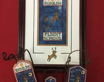 Foxwood Crossing Sled Cross Stitch PATTERN - Rudolph Flight School - Pattern ONLY or Pattern PLUS Perforated Paper - Christmas Ornament