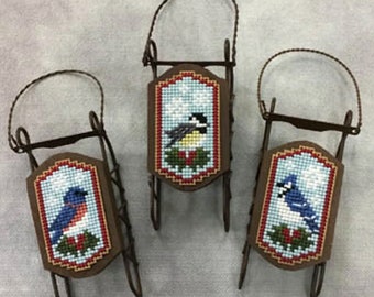 Foxwood Crossing Sled Cross Stitch PATTERN  Backyard Visitors Pattern ONLY or Pattern PLUS Perforated Paper - Christmas or Anytime Ornament