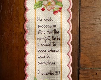 Cross Stitch Christian Bookmark - Proverbs 2:7 He hold success in store for the upright, He is a shield to those whose walk is blameless.