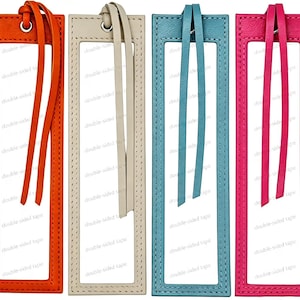 May include: Four rectangular bookmarks in orange, beige, teal, and pink. Each bookmark features a stitched border, a central white rectangular cutout labeled with the text double-sided tape, a silver metal eyelet, and a matching leather-like strap.