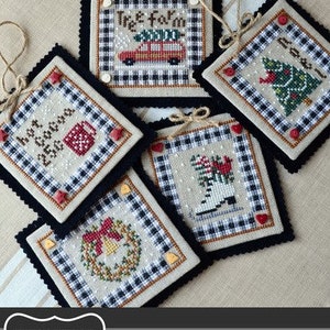 Cross Stitch Pattern Country Christmas I ornament Pattern Annie Beez Folk Art Ice Skate Station Wagon Hot Cocoa Wreath Tree Buffalo Check