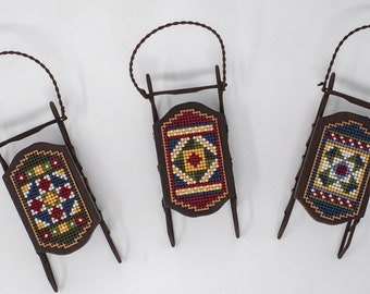 Lot of 3 Cross Stitch Sleds Finished - Quilt Block Party - Handmade Winter Christmas Ornament Decoration - Foxwood Crossing Design