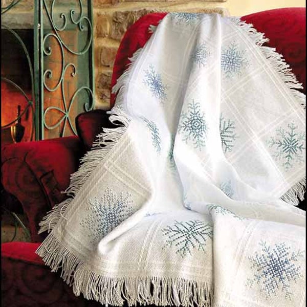 Cross Stitch Afghan Throw w/ Snowflake Pattern - Ready to Stitch - Charles Craft - White - 32 x 44 - 16 stitch count