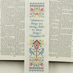 Cross Stitch Bookmark Handmade Christian Gift Philippians 4:8 Whatsoever things are lovely...think on these things