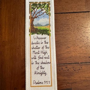 Cross Stitch Christian Bookmark Psalms 91:1 Whoever dwells in the shelter of the Most High, will find rest...Handmade gift - finished