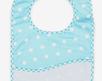 Cross Stitch Baby Bib - Ready to Stitch - Blue Polka Dot Scallop - Charles Craft - Comes with a bunny pattern