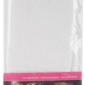 May include: White velour pullover bib for babies. The bib is 12 inches by 19.5 inches and has a stitching area of 31 inches by 159 inches. The package includes a free design.