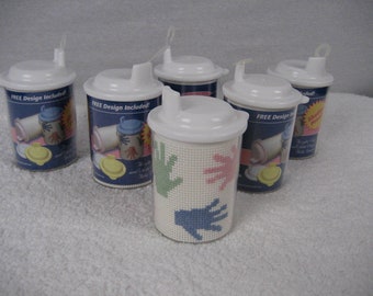 Cross Stitch Sippie Sippy Cups - Lot of 6 - Charles Craft w/ Pattern & Vinyl Insert - Ready to Stitch - Baby Boy or Girl Gift - Personalize