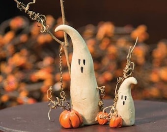 Mommy & Baby Ghosts w/Twigs Pumpkins Perfect for Fall Halloween Fairy Garden 3.5 and 1.5 In. Distressed Prim Resin