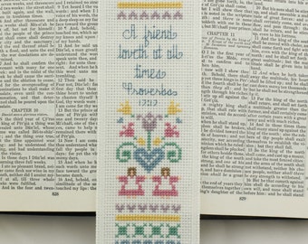 Cross Stitch Bookmark Handmade Christian Gift Proverbs 17:17 A Friend Loveth At All Times