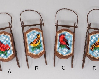 Cross Stitch Sleds Finished - CHOICE OF 1 - Handmade Winter Christmas Ornament Decoration - Winter Birds Red Yellow Cardinal