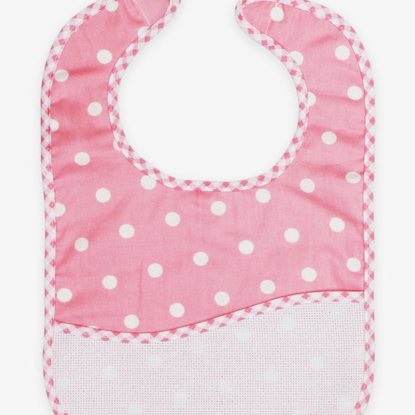 Cross Stitch Baby Bib - Ready to Stitch - Pink Polka Dot Scallop - Charles Craft - Comes with a bunny pattern