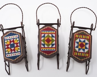Lot of 3 Cross Stitch Sleds Finished - "Pieceful" Quilt Trio - Handmade Winter Christmas Ornament Decoration - Foxwood Crossing Design