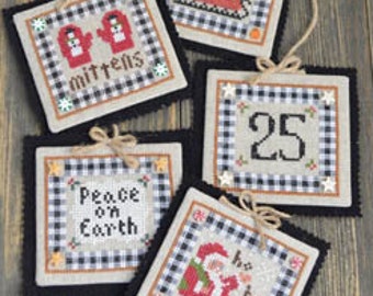 Cross Stitch Pattern Country Christmas III ornament Pattern Annie Beez Folk Art Mittens Peace on Earth Sleigh Santa Buffalo Check