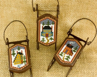 Lot of 3 Cross Stitch Sleds Finished - Primitive Saltbox Houses - Handmade Winter Christmas Ornament Decoration - Foxwood Crossing Design