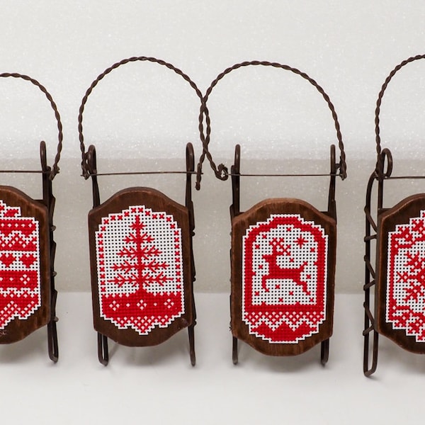 Cross Stitch Sleds Finished - CHOICE OF 1 - Handmade Winter Christmas Ornament Decoration - Sue Hillis Design