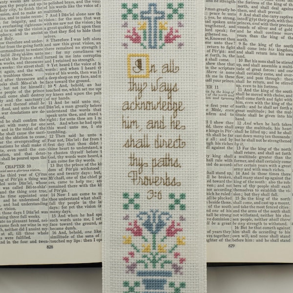 Cross Stitch Bookmark Handmade Christian Gift Proverbs 3:6 In all thy ways acknowledge Him