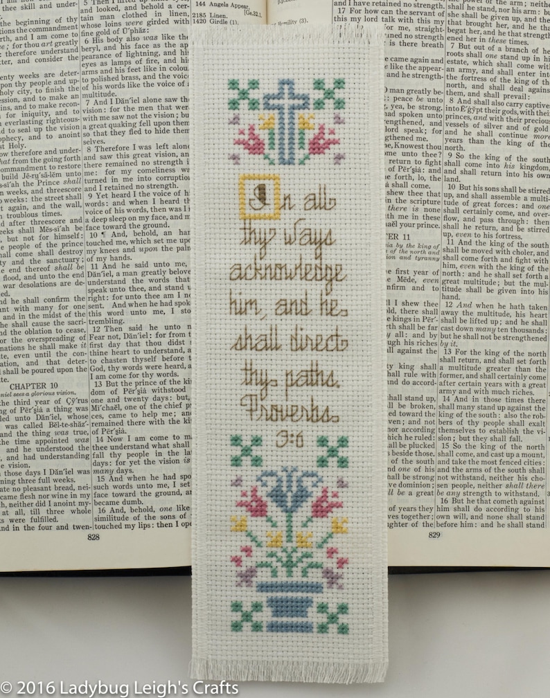 Cross Stitch Bookmark Handmade Christian Gift Proverbs 36 in All Thy