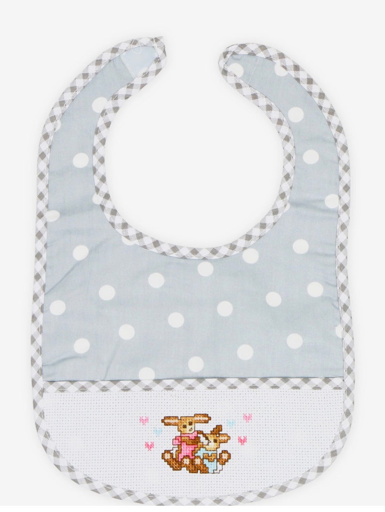 Comes With A Bunny Pattern Ready To Stitch Gray Polka Dot Cross Stitch Baby Bib For Boy Or Girl Charles Craft Cross Stitch Art Collectibles Delage Com Br