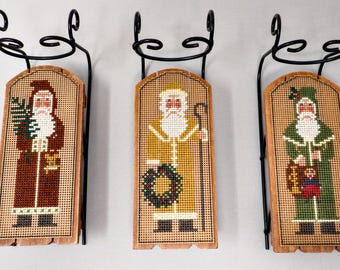 Cross Stitch Sleds Finished - CHOICE OF 1 - Handmade Father Christmas - 3 Styles - Foxwood Lg Sled Prairie Schooler Designs