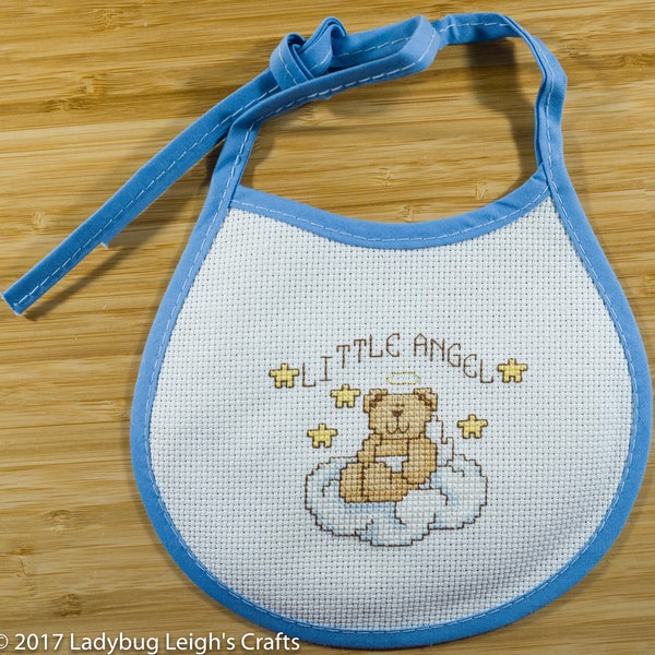 Cross Stitch Baby Bib - Little Angel Bear on Cloud w/ Stars - Handmade - Perfect Baby Gift - Blue Border