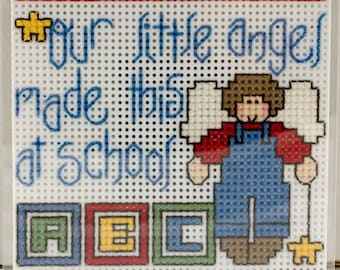 Cross Stitch Magnet "Our Little Angel Made This at School" Boy - Perfect for Parents or Grandparents to Display Schoolwork