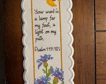 Cross Stitch Christian Bookmark - Psalm 119:105 Your Word is a Lamp for my Feet, a Light on my Path.  8 x 3 Handmade