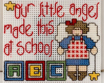 Cross Stitch Magnet "Our Little Angel Made This at School" Girl - Perfect for Parents or Grandparents to Display Schoolwork