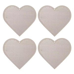 May include: Four white heart-shaped plastic canvas sheets with a grid pattern. The canvas is ideal for cross-stitch or needlepoint projects.