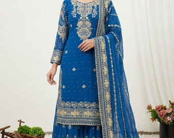 Designer Embroidered Blue Georgette Sharara Suit with Dupatta