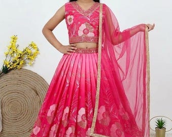 Conjunto tradicional de lehenga choli de georgette bordado para niñas, lehenga lista para usar, lehenga de Navratri, lehenga de boda, lehenga para niñas