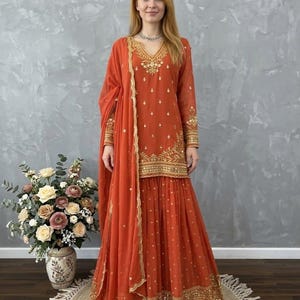 Beautiful Women's Embroidered with sequance work Georgette Salwar Kameez with dupatta, Wedding Outfits, Party Wear Sharara, Function Wear