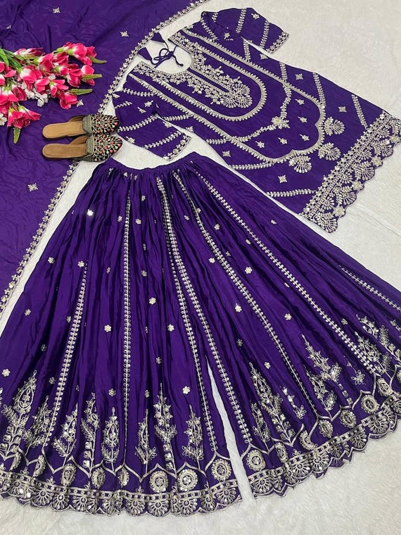 Embroidered Chinnon Silk Sharara Salwar Kameez, Pakistani Wedding Dress