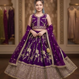 Girls Purple Lehenga Choli, Sequence Embroidery, Festive Wear, Stitched (Full)