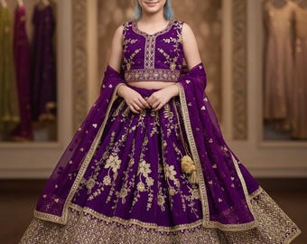 Girls Purple Lehenga Choli, Sequence Embroidery, Festive Wear, Stitched (Full)
