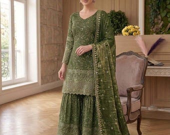 Mehndi Green Designer Embroidered With Sequence Work Salwar kameez with Dupatta, Wedding Palazzo, Party Wear Dress, Indian Suit, Women Dress