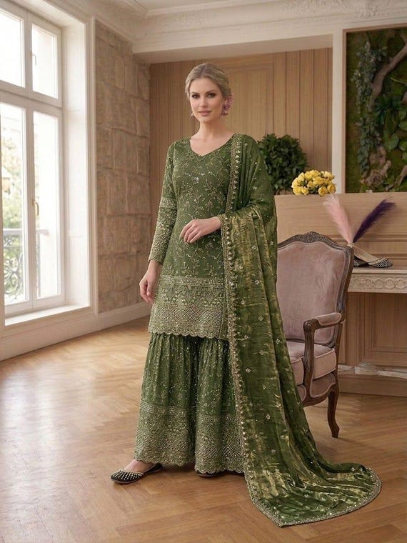 green mehndi dress for women Designer Embroidered With Sequence Work Salwar Kameez With Dupatta, Wedding Palazzo, Party Wear Dress, Indian Suit, atr_color-white
